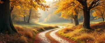 Autumn path through trees, symbolizing journey and time.