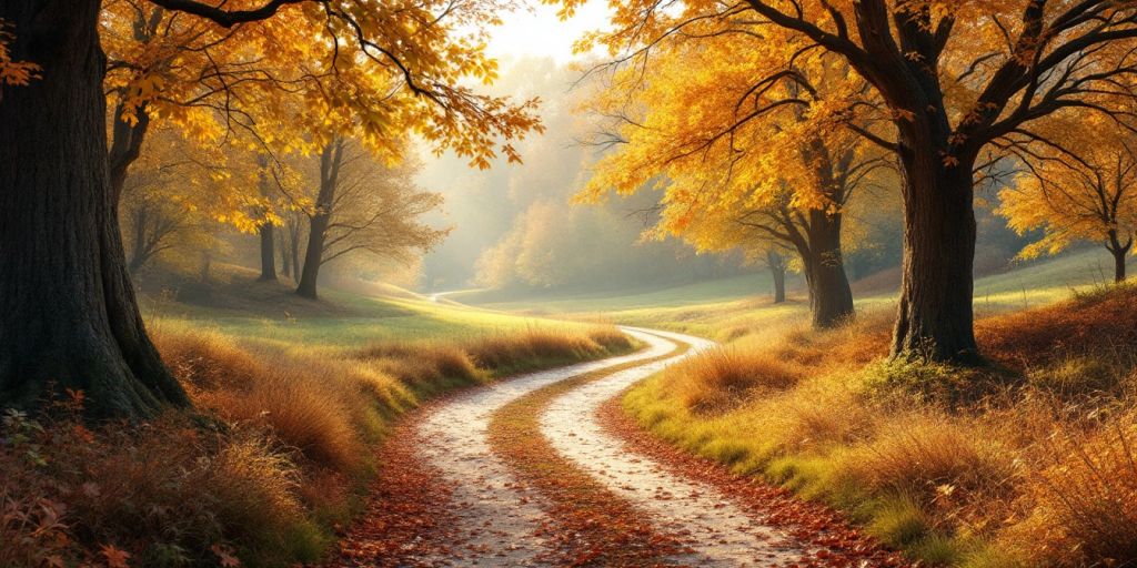 Autumn path through trees, symbolizing journey and time.