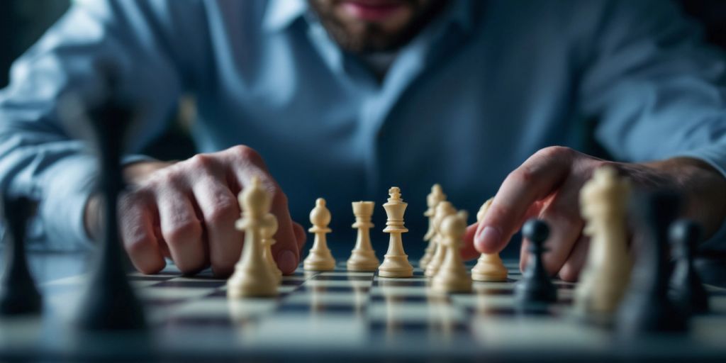 Close-up of a person playing chess intently.