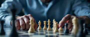 Close-up of a person playing chess intently.