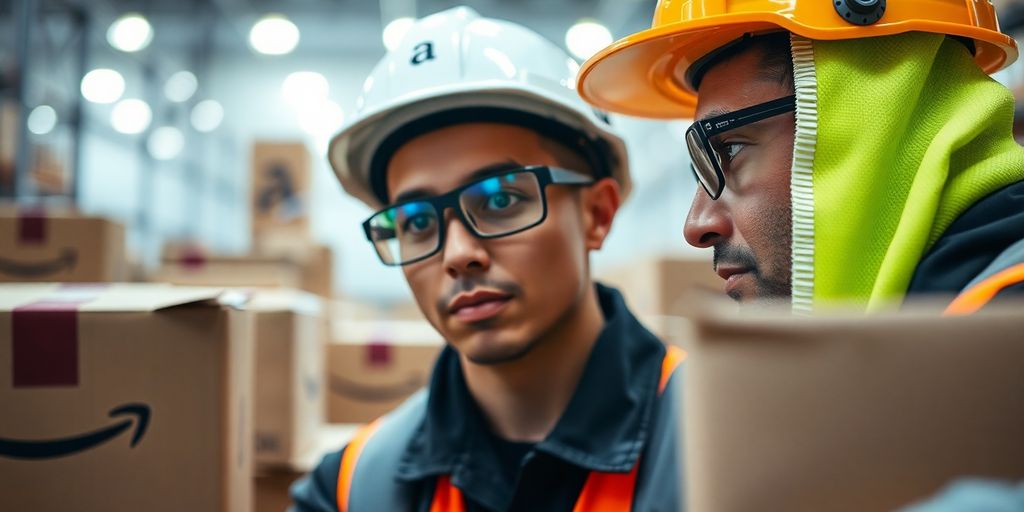 Amazon delivery worker in safety gear at a warehouse.