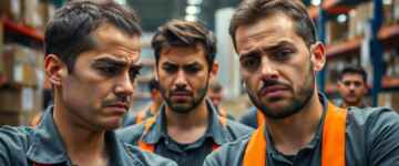 Amazon workers in a busy warehouse environment looking concerned.