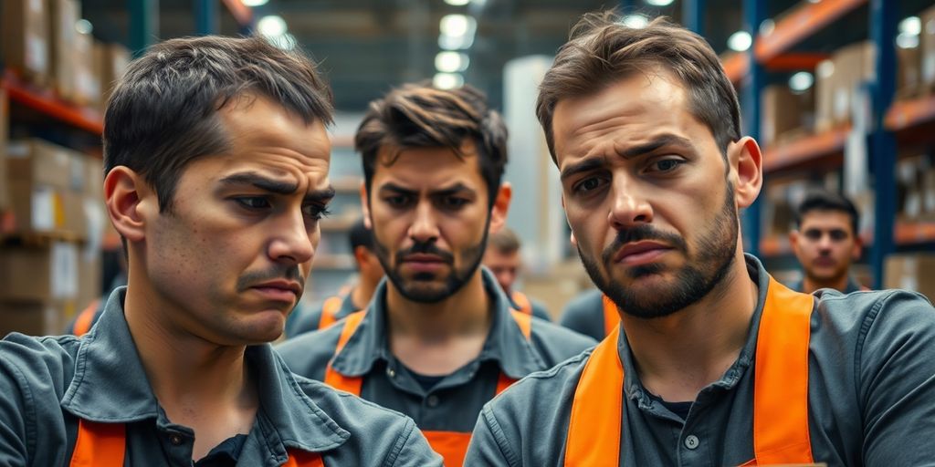 Amazon workers in a busy warehouse environment looking concerned.