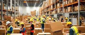 Workers in an Amazon warehouse with safety gear.