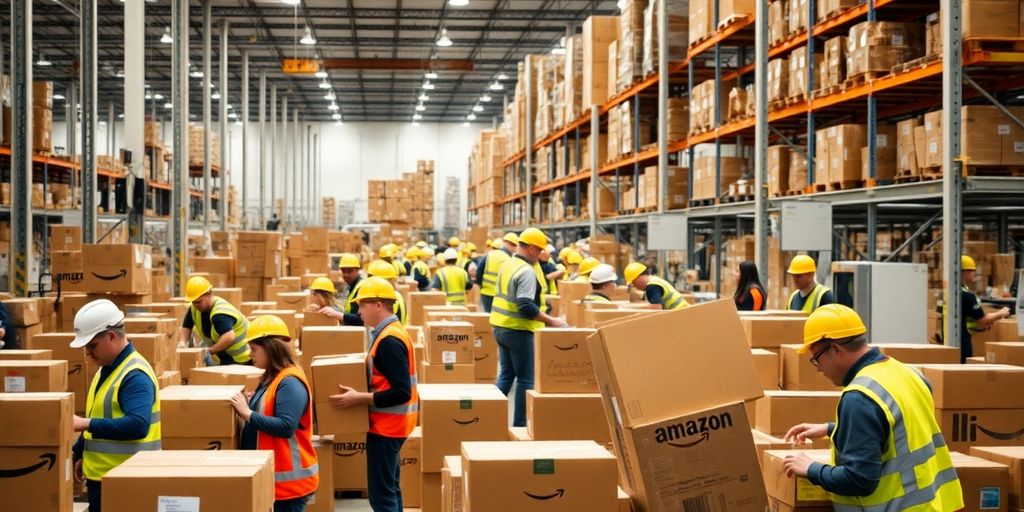 Workers in an Amazon warehouse with safety gear.