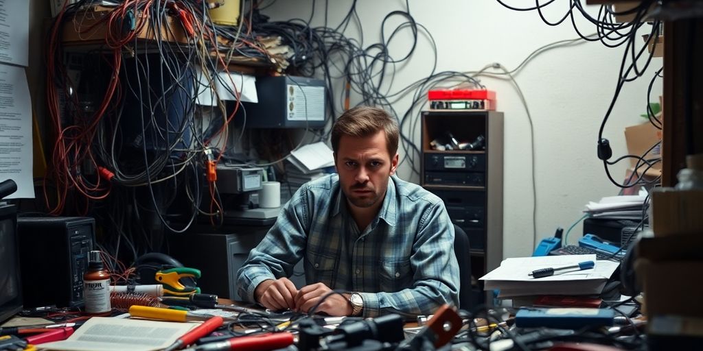 Cluttered workspace with tangled wires and an overwhelmed person.