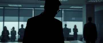 Shadowy figure in a corporate office, tense atmosphere.