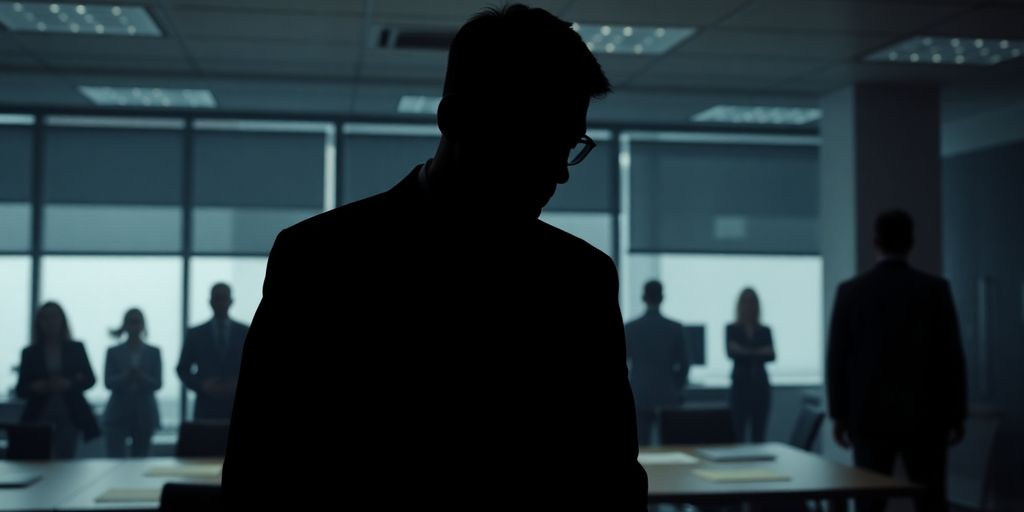 Shadowy figure in a corporate office, tense atmosphere.