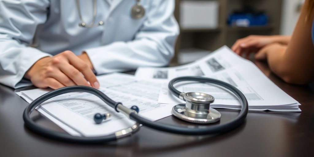 Physician reviewing patient records in an office setting.