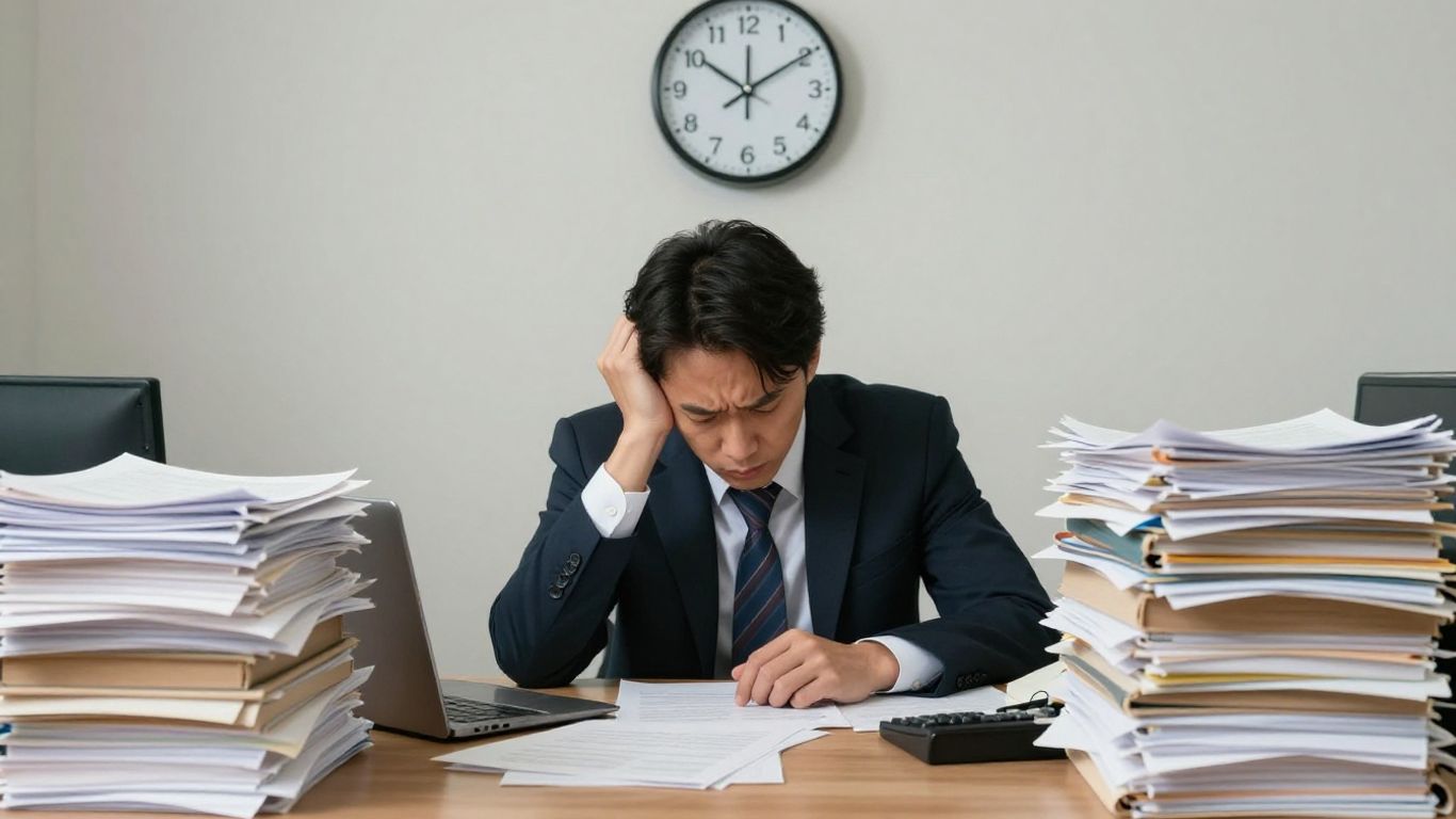 Worker overwhelmed by paperwork, clock ticking slowly.